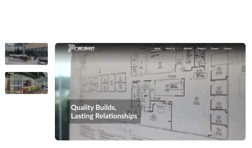 Precision Contracting website redesign by Vinnove, showcasing construction blueprints and brand revitalization for improved online presence