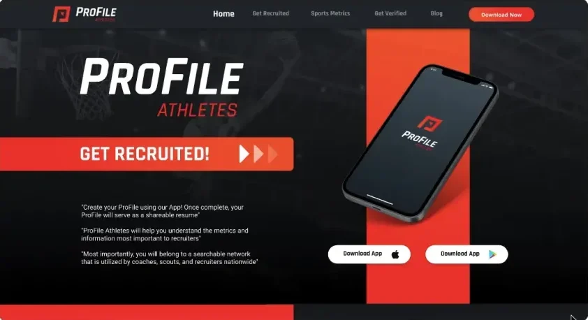 ProFile Athletes website and app mockup showcasing innovative recruitment platform design for student-athletes, featuring web design and branding elements