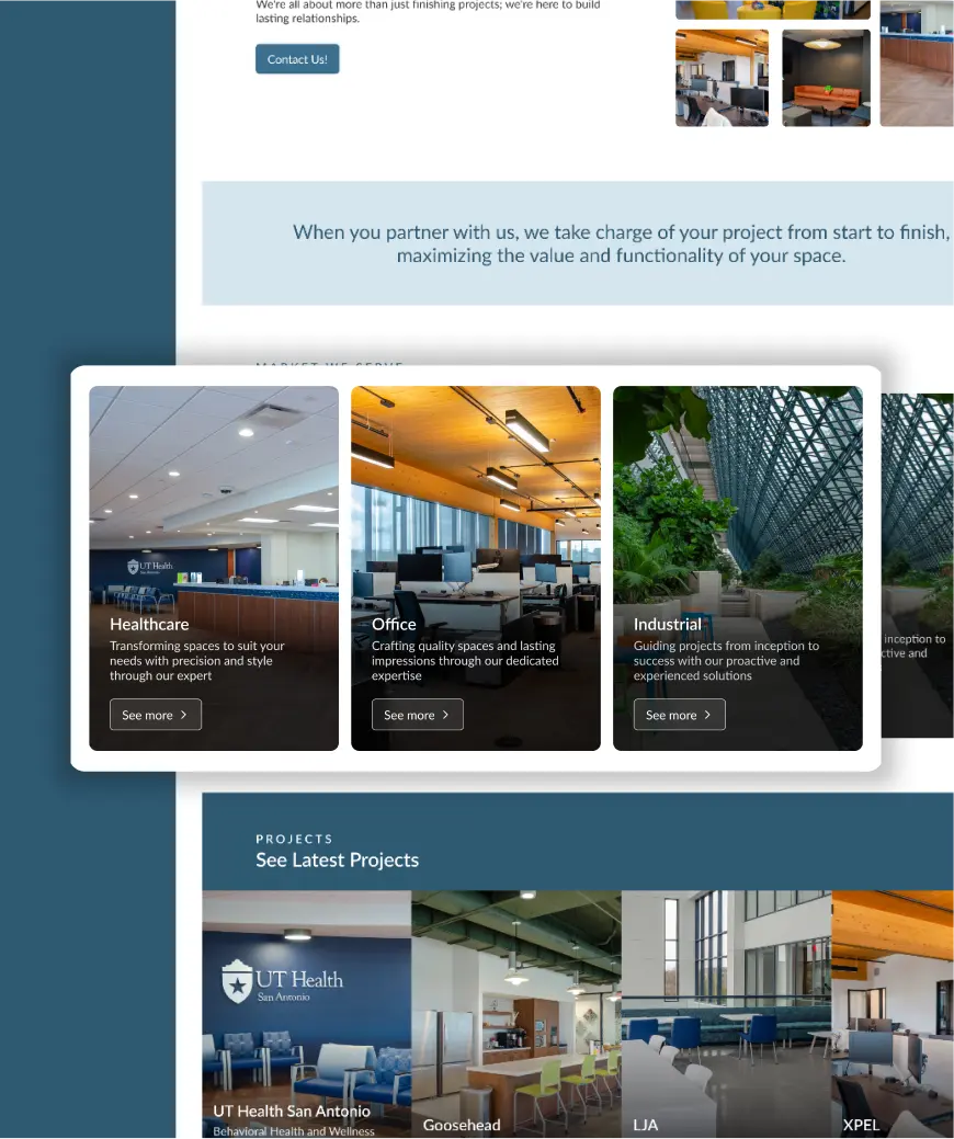 Image of responsive web design projects for healthcare, office, and industrial sectors. Services: custom web design and custom website redesign in Texas.