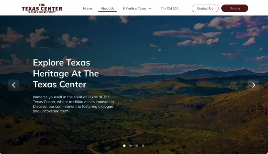 Texas Center website homepage showcasing scenic landscape, highlighting strategic web design and branding for user-friendly Texas heritage exploration