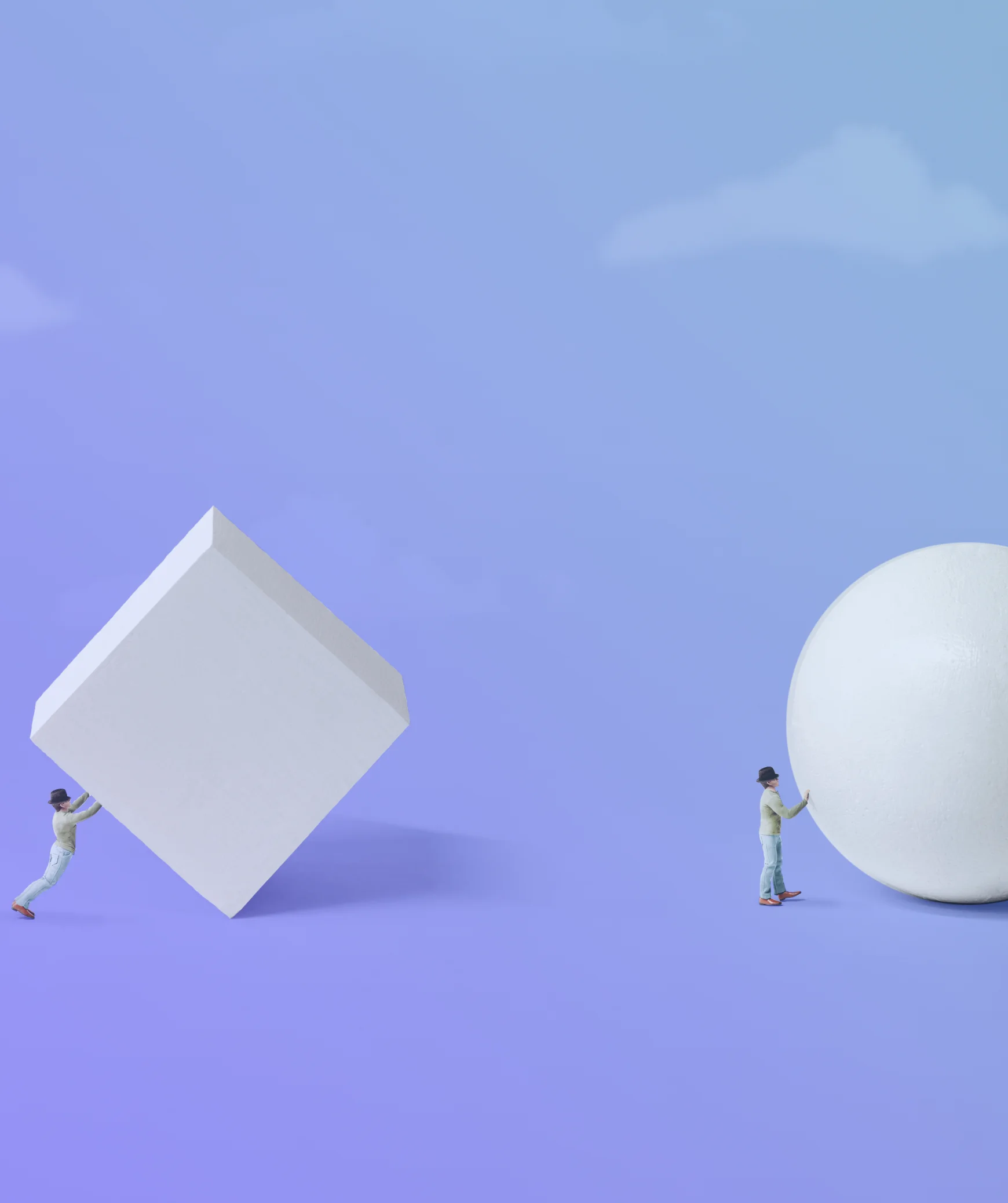 Image of two figures pushing a cube and a sphere, symbolizing AI process improvement and workflow automation. Services: AI training and intelligent forms